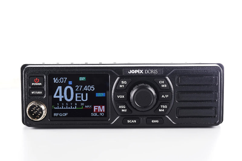 Voorzijde van de Jopix Doris CB radio met VOX, SCAN en dual watch functies