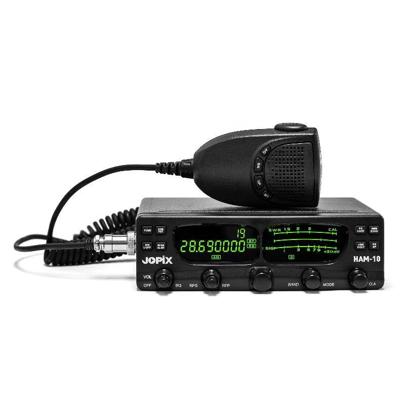 Jopix HAM-10 mobiele 10M transceiver met een uitgangsvermogen van 40 Watt op FM, SSB en CW, en 12 Watt op AM en istelbare kleuren op het dubbele display