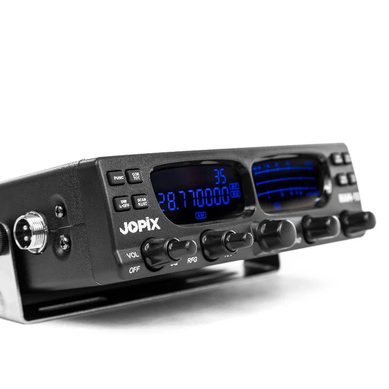 Jopix HAM-10 multiband 10M transceiver met bevestigingsbeugel, dubbel display in kleur blauw ingesteld en toegankelijke bedieningsknoppen