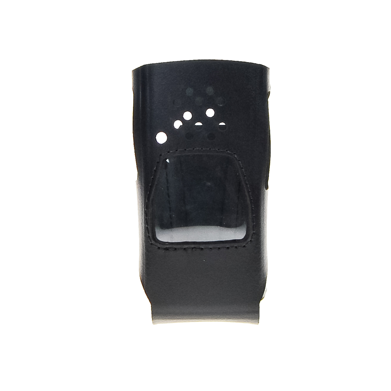 zwart lederen case voor 27MC portofoon met zichtbare uitsparingen voor bediening