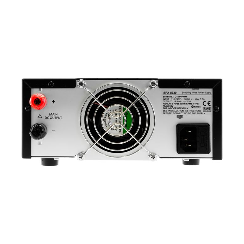 Manson SPA-8330 schakelbare voeding achterzijde met aansluitingen en koelventilator