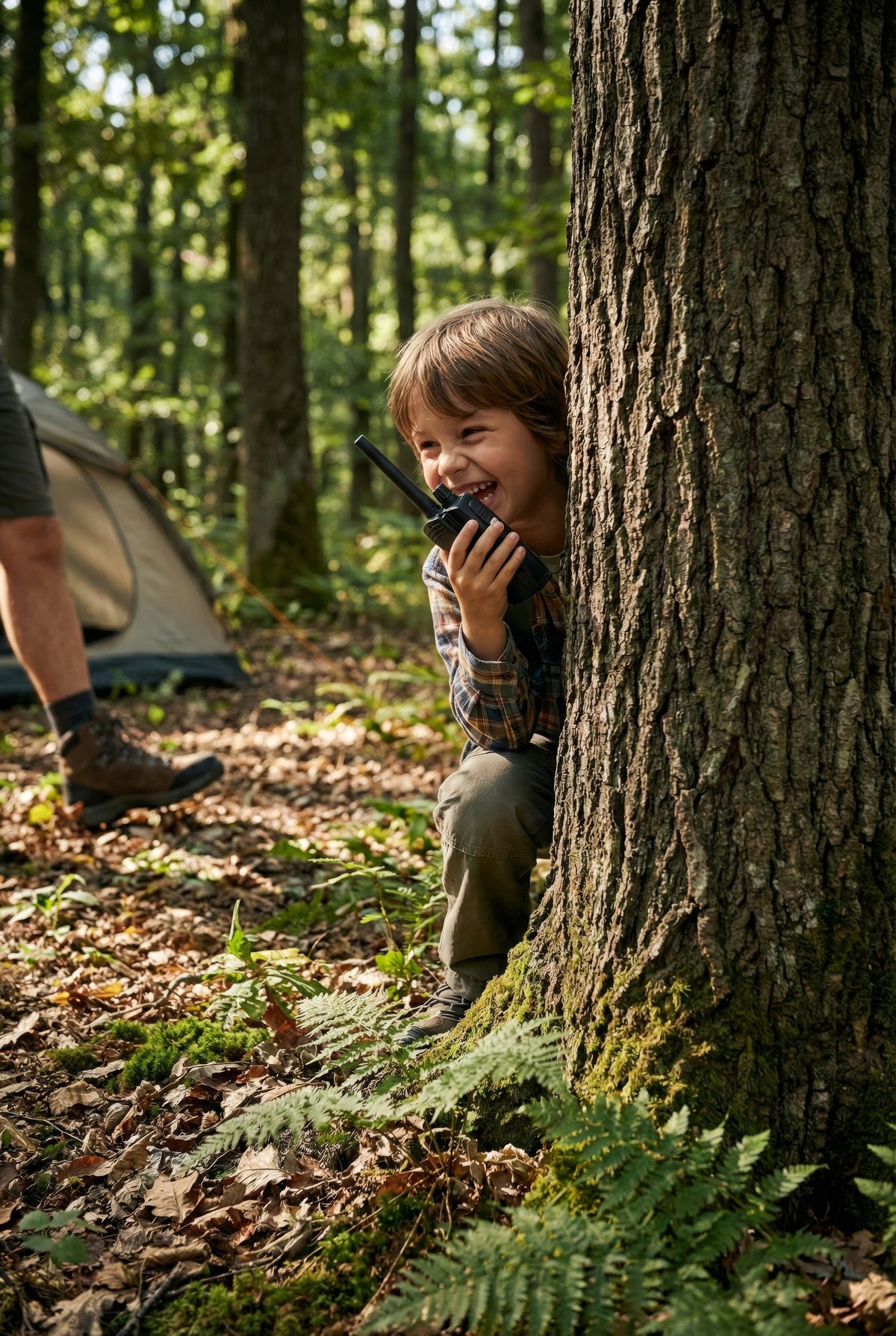 Een kind die een Midland G7 EVO gebruikt vanachter een boom in het bos