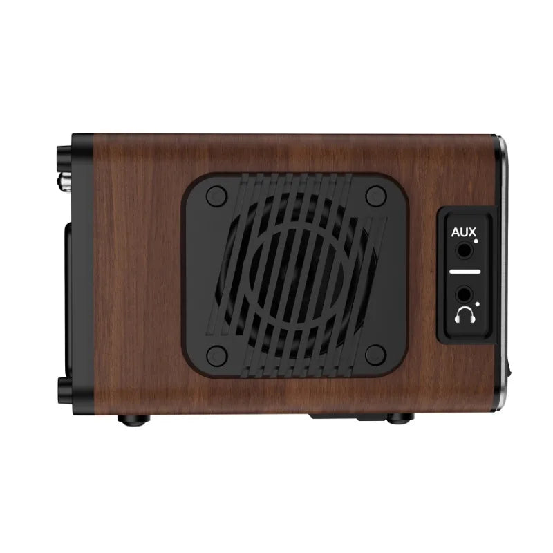 Zijkant van de Hanrongda HRD-802 waarop de luidspreker, AUX-poort en koptelefoon aansluiting te zien zijn