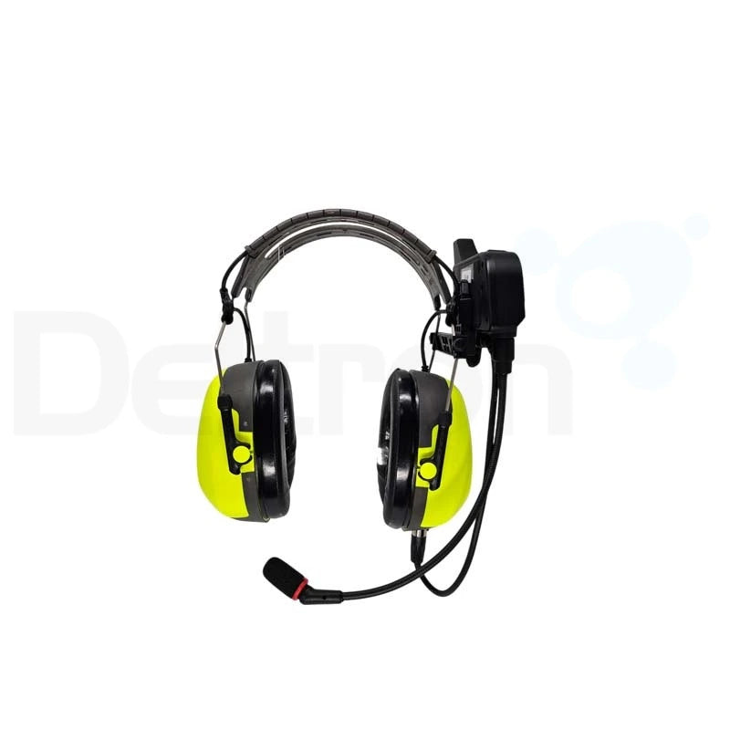 Maytel intercom aan een 3M Peltor gehoorbescherming met hoofdband en oorlkappen