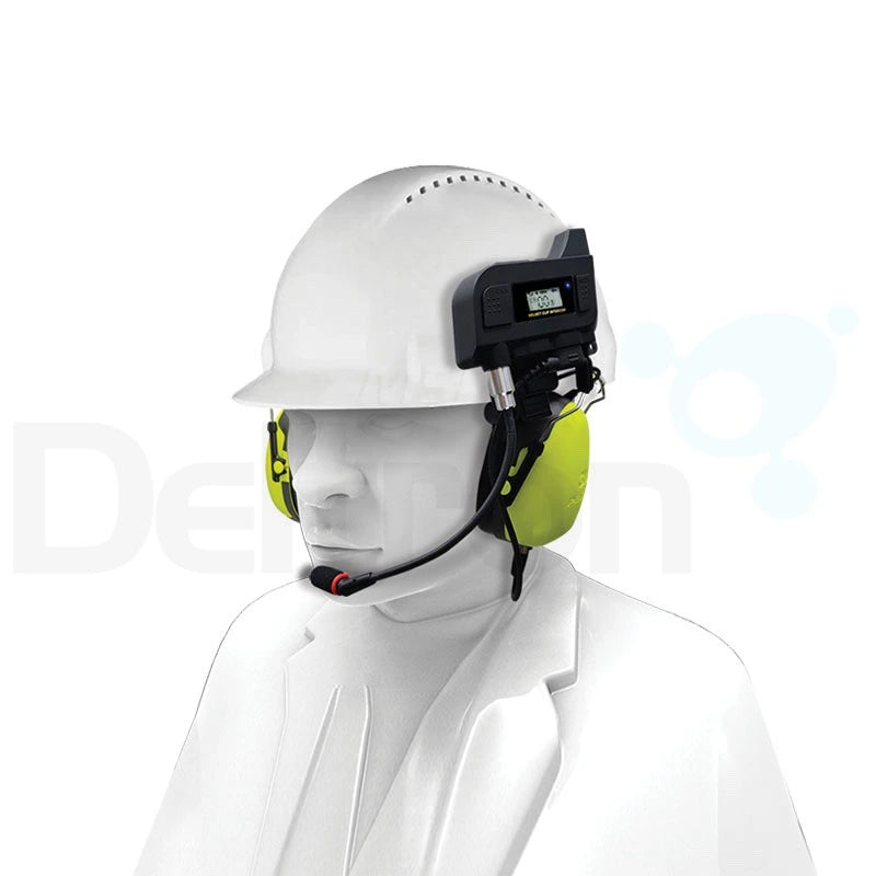 Maytel intercom communicatie systeem aan bouwhelmen met Peltor 3M gehoorbescherming oorkappen