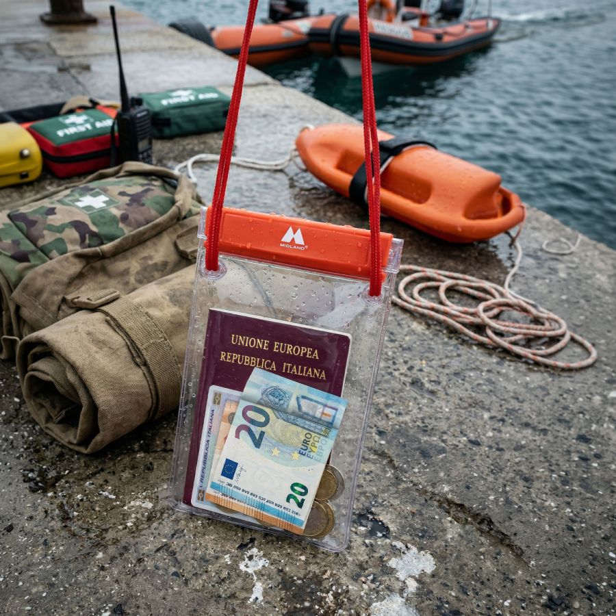 Meegeleverde waterdichte paspoort, geld en documententasje van de Midland C1726 ER emergency backpack