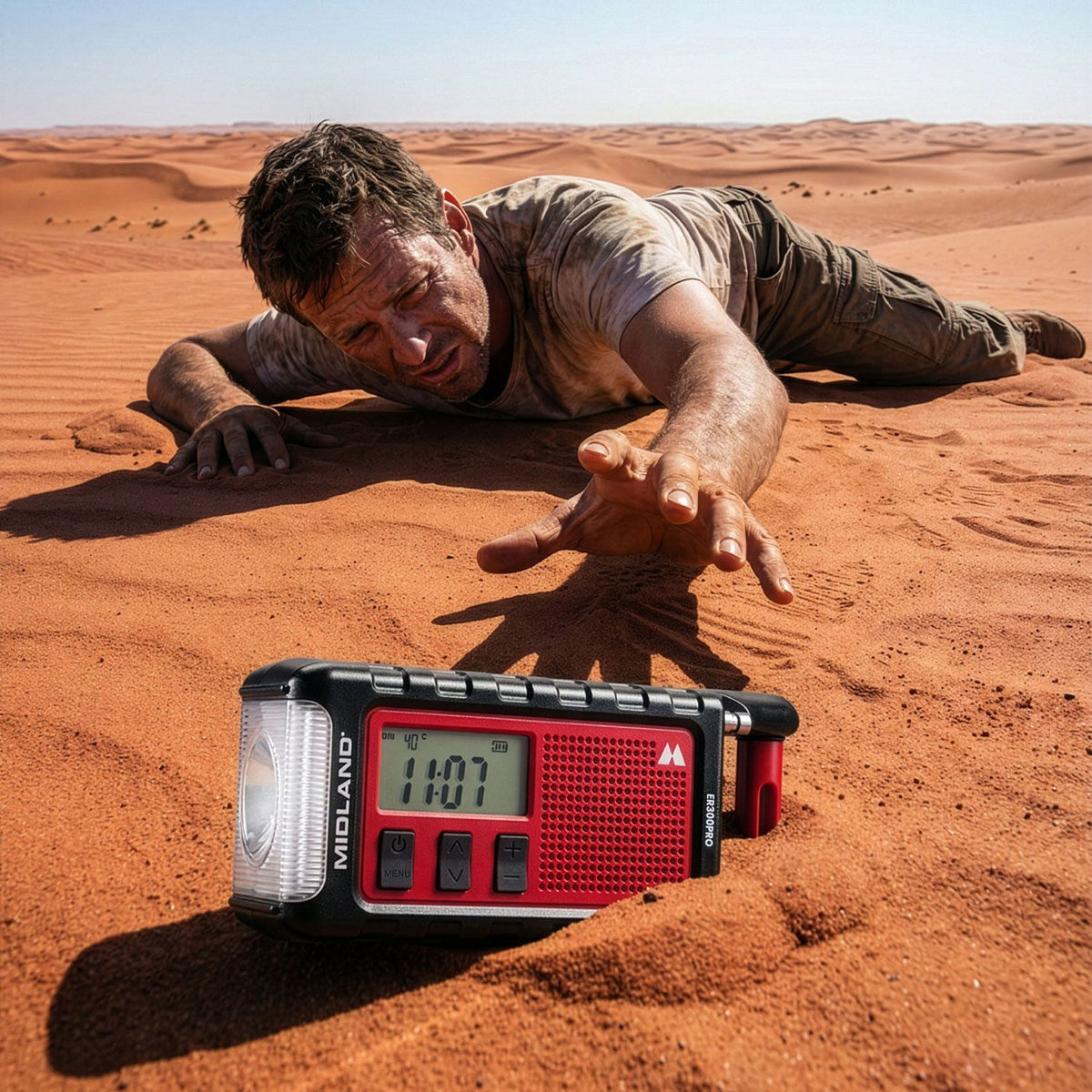 Midland ER300 Pro emergency radio op de grond in een woestijn