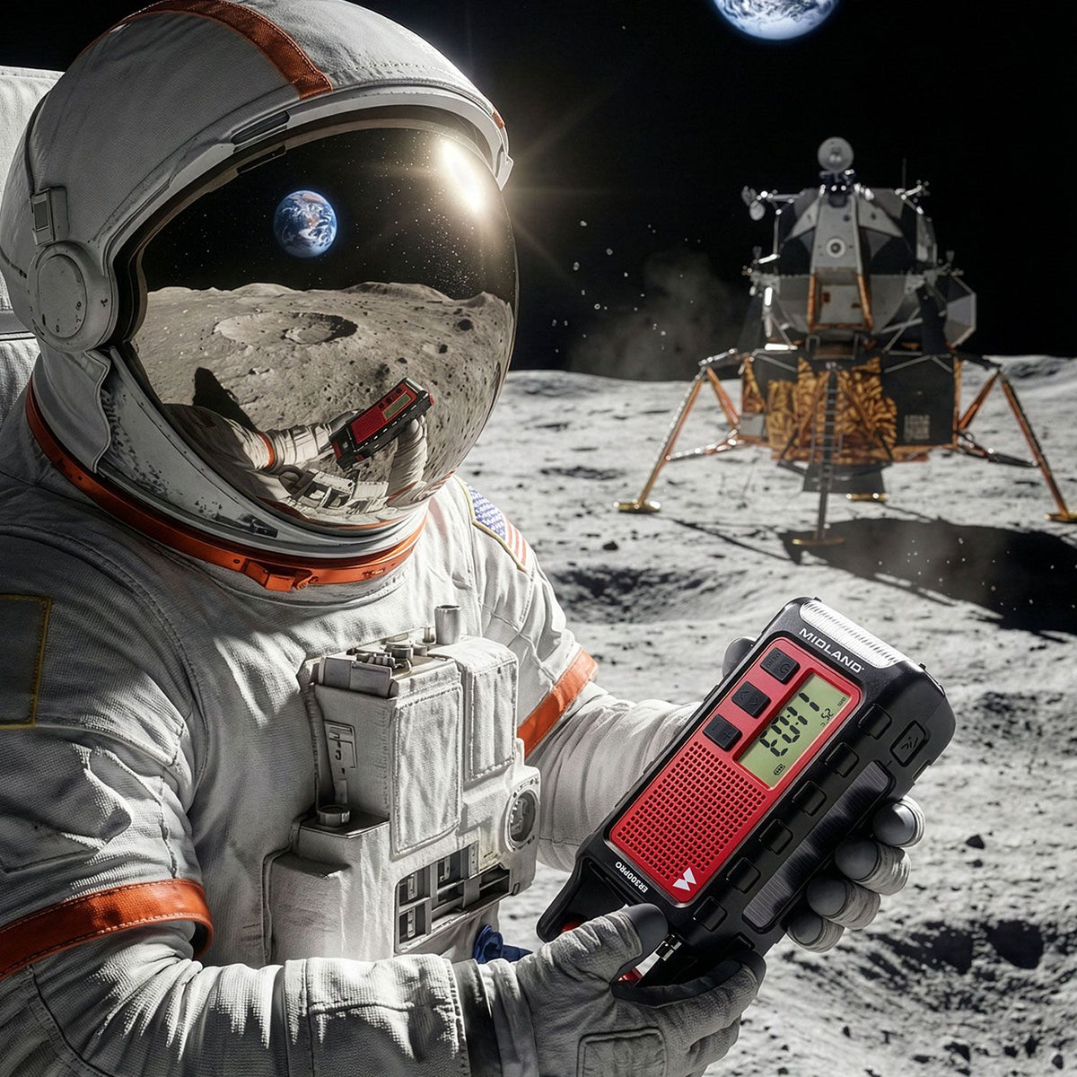Midland ER300 Pro emergency radio in de handen van een astronaut op de maan
