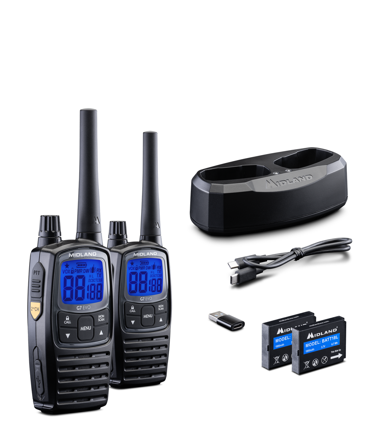 Midland G7 EVO duo pmr446 portofoonset met meegeleverde usb-kabel, accu's, usb-adapter en dubbele bureaulader