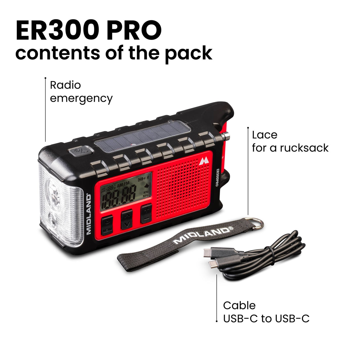 Midland ER300 Pro emergency radio met bevestigingskoord voor rugzak en een USB-C/USB-C kabel