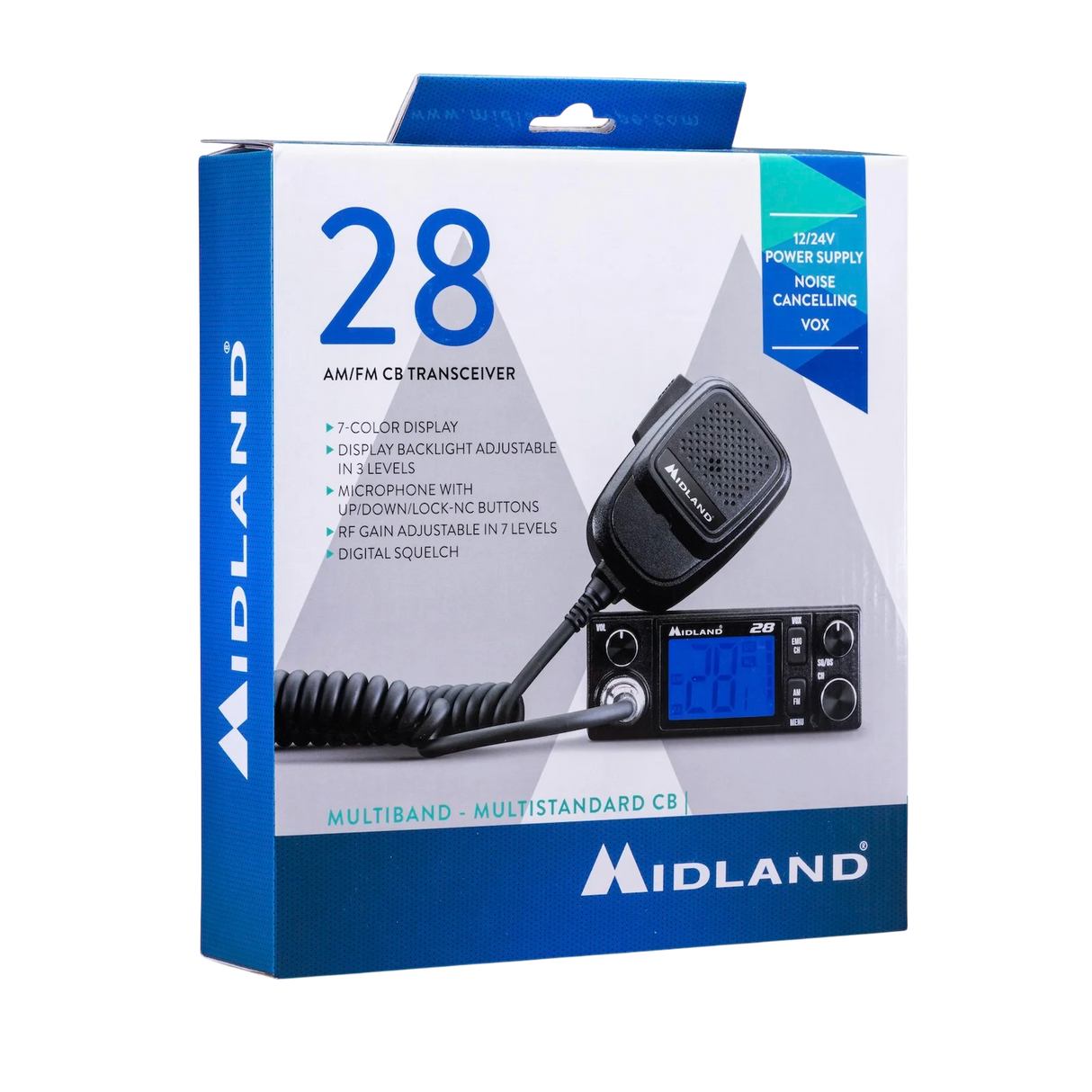 Midland 28 mobiele 27MHz transceiver in de verpakking