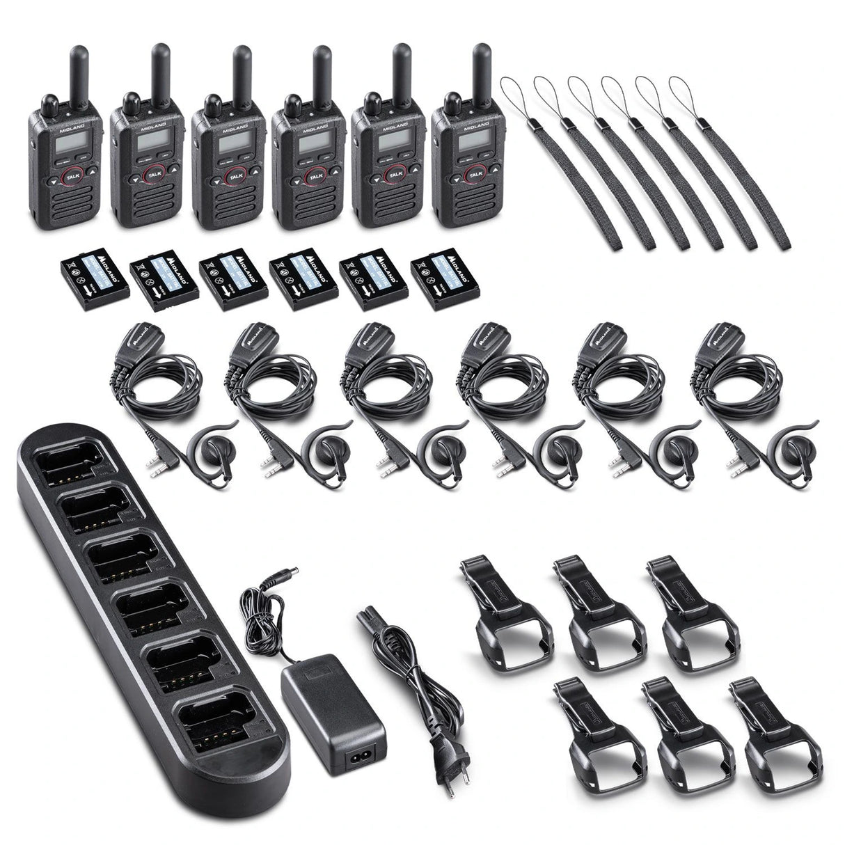 Midland BR180 set van 6 PMR446 portoofon voor horeca en detailhandel met meegeleverde accessoires