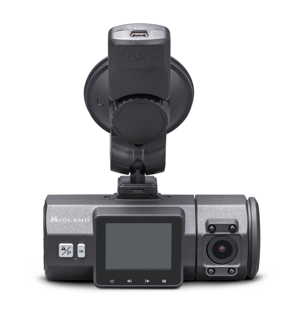 Dubbele dashcam de Midland Street Guardian dual C1285 met raamhouder en groot display
