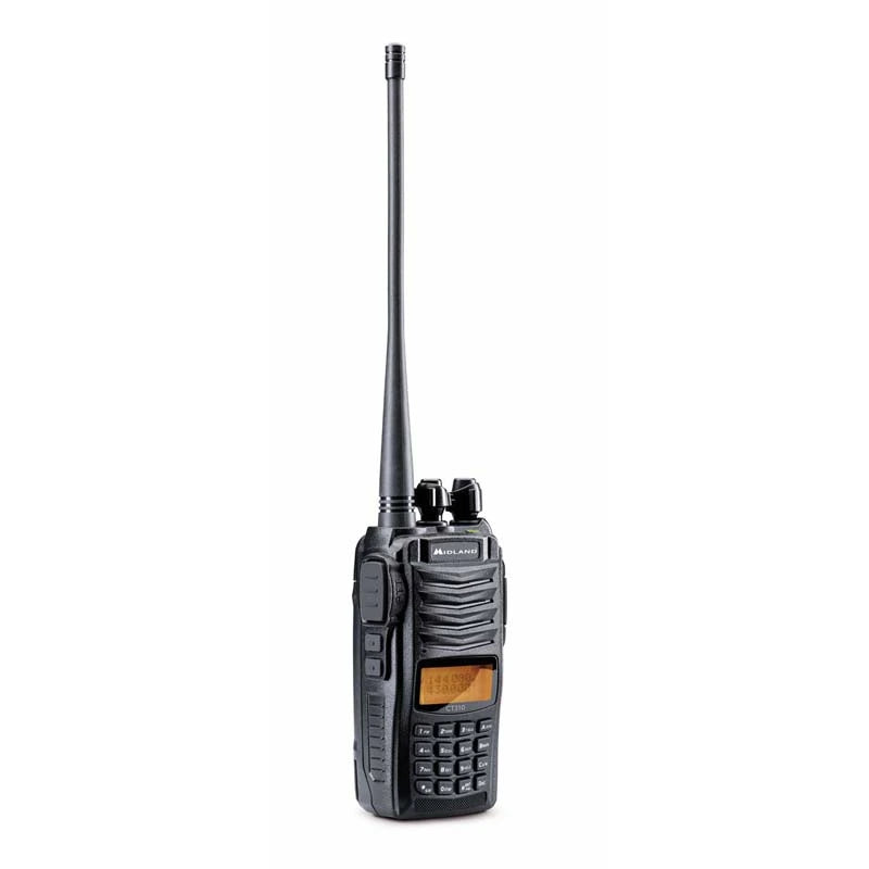Zijaanzicht van de Midland CT310 met antenne en Kenwood 2-pin aansluiting
