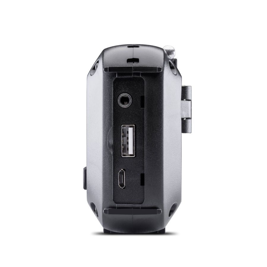 Achterzijde Midland ER100 noodradio AM/FM met USB-poort, koptelefoon aansluiting