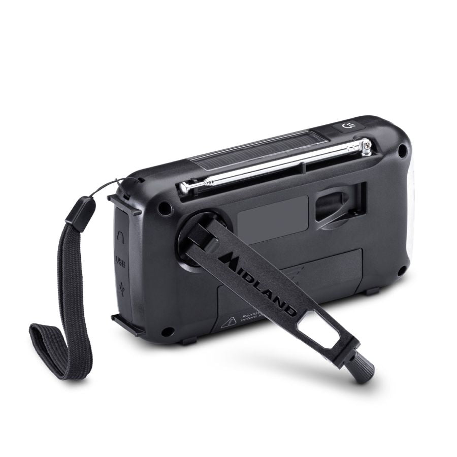 Achterzijde Midland ER100 noodradio met zwengel om op te laden, telescopische antenne en polsband