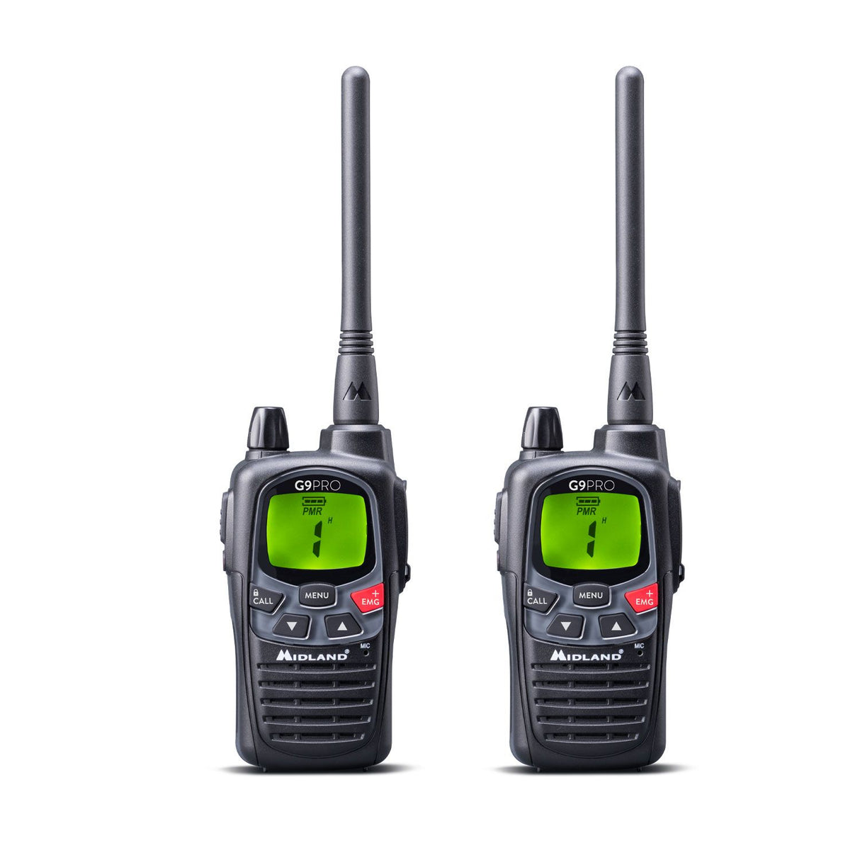 Twee Midland G9 Pr PMR446 portofoons met groot groen verlicht display, duidelijke toetsen en een antenne