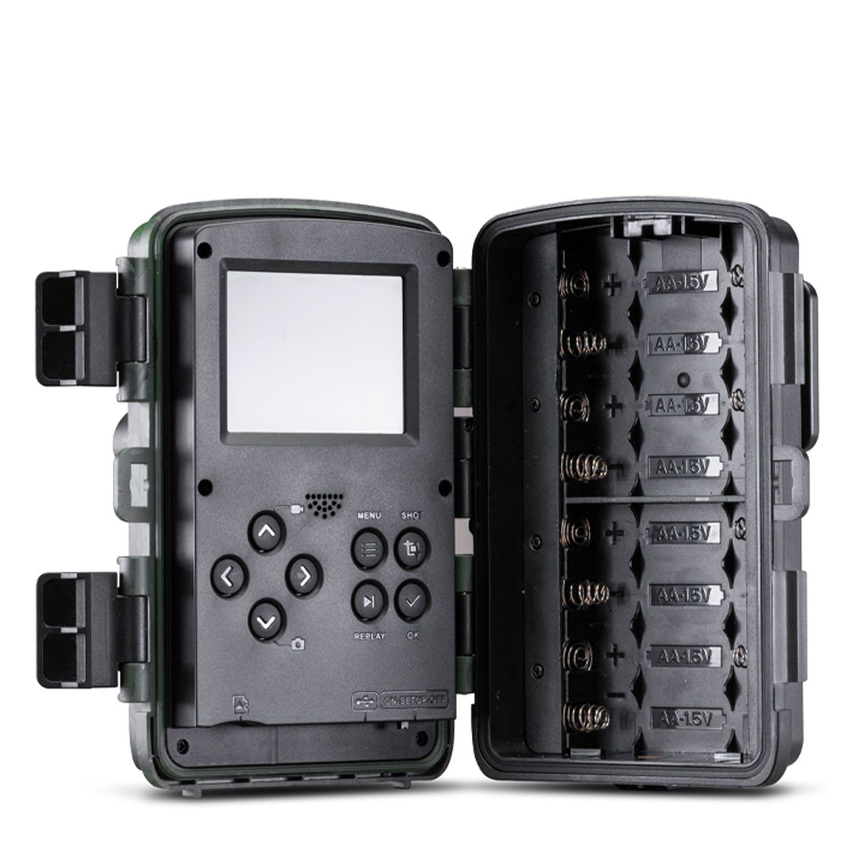 Midland C1623 wildcamera binnenzijde met batterijenhouder, display en bedieningsknoppen