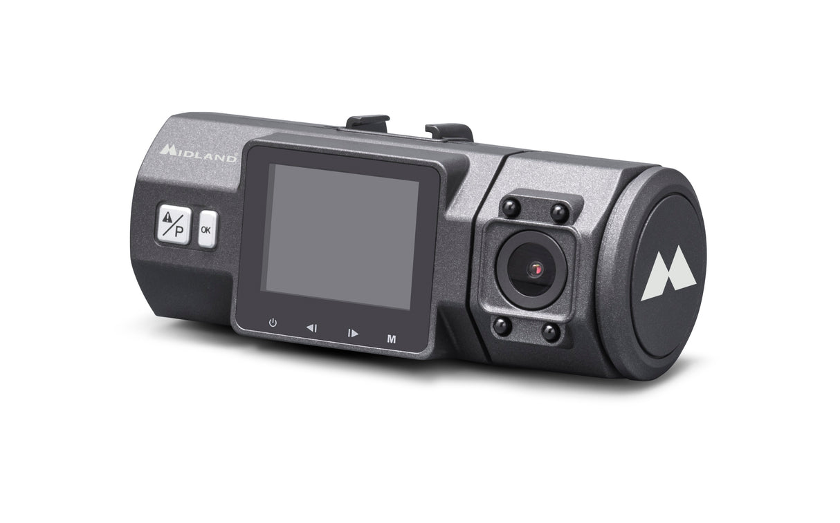 Midland dubbele dashcam voor in de auto met groot display, Sony sensor en toetsen