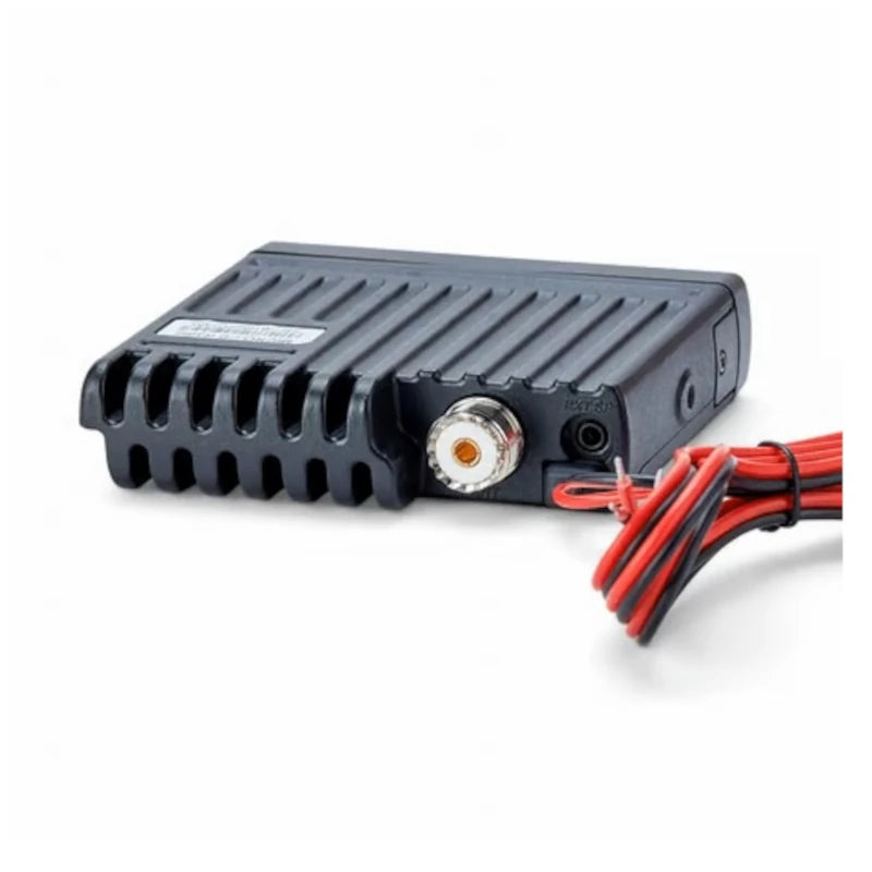 Achterkant van de Moonraker Micro 12V 27MC transceiver met voedingskabel en antenne aansluiting