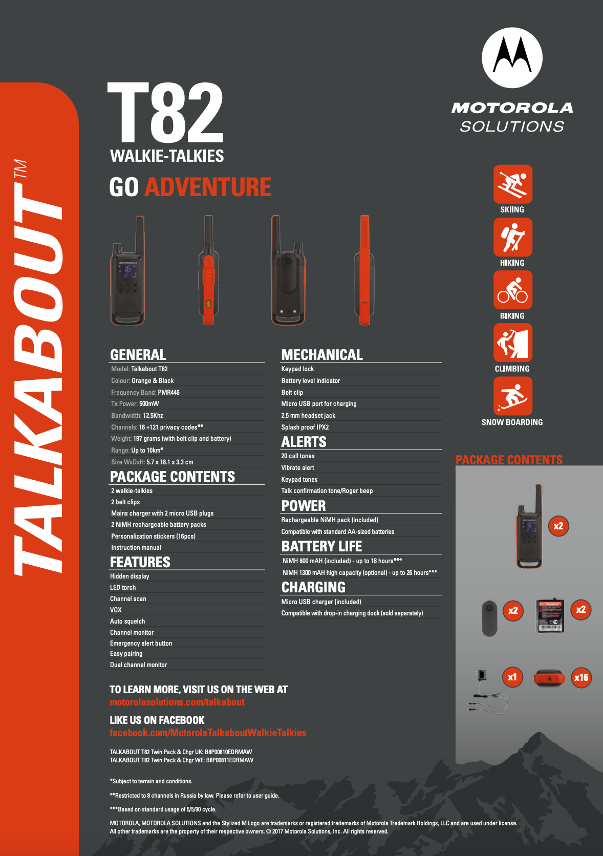 Flyer van de Motorola T82 Walkie Talkies met daarop de specificaties
