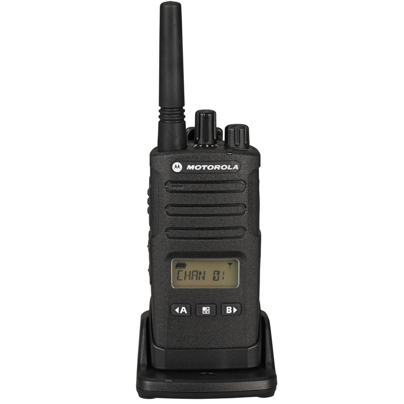 Motorola XT460 PMR446 met display, antenne, bedieningsknoppen en lopader