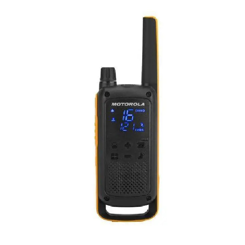 Motorola T82 Extreme PMR446 Walkie Talkie met kanaal 16 blauw verlicht op het display te zien