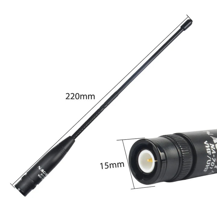 Nagoya NA-701 BNC-Male handheld UHF/VHF antenne met afmetingen erbij