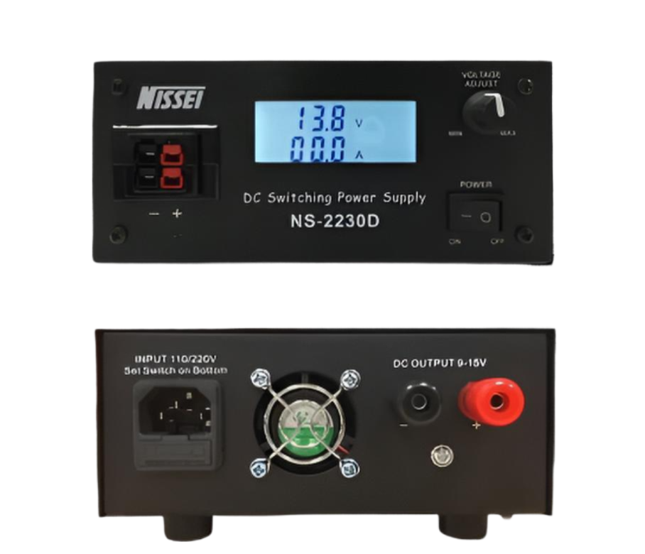 Voorkant en achterkant van de Nissei NS-2230D elektronische voeding