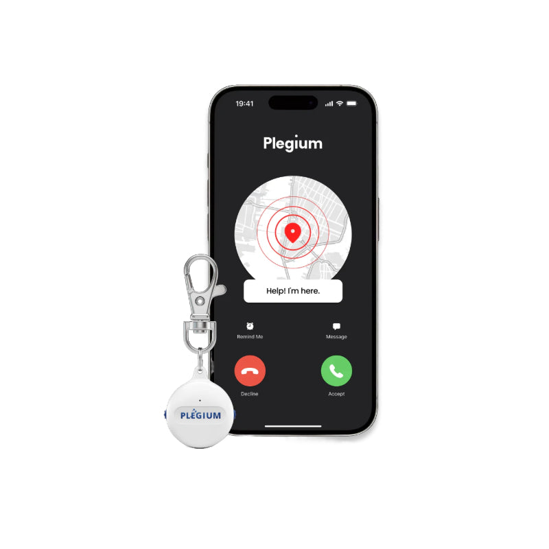 Plegium persoonlijke alarmknop met sleutelhanger voor een mobiele telefoon met de gratis Plegium App