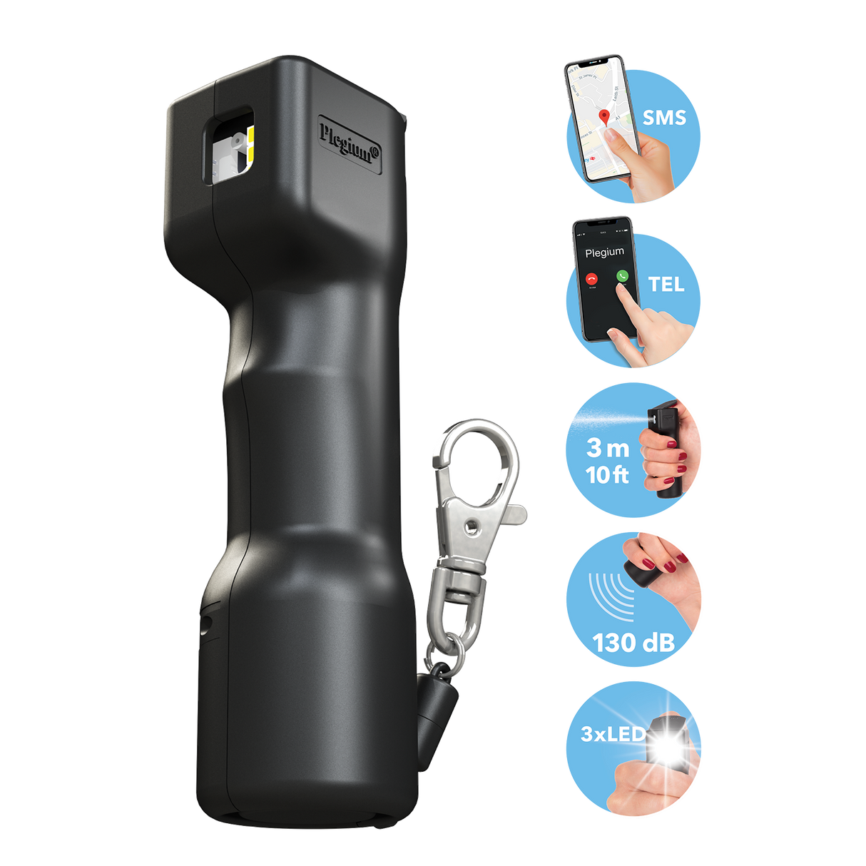 Smart defence spray van Plegium met sleutelhanger en de functies in cirkels uitgebeeld
