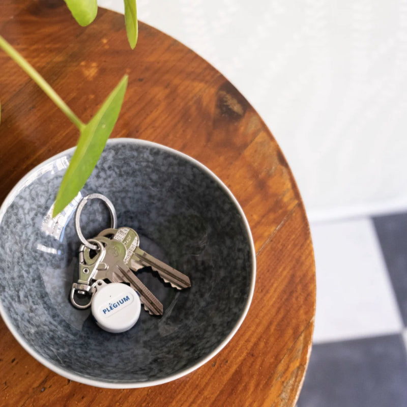 Plegium persoonlijke alarmknop aan een sleutelbos die in een schaaltje op tafel staat