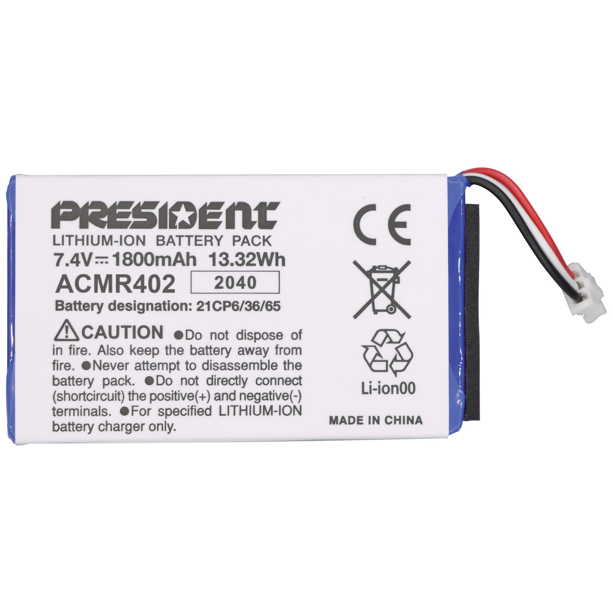 7.4V 1800mAh lithium accu President ACMR402 voor 27MC portofoon