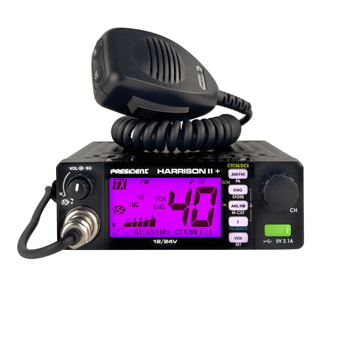 President Harrison II+ mobiele27MHz transceiver met microfoon en paarse display verlichting