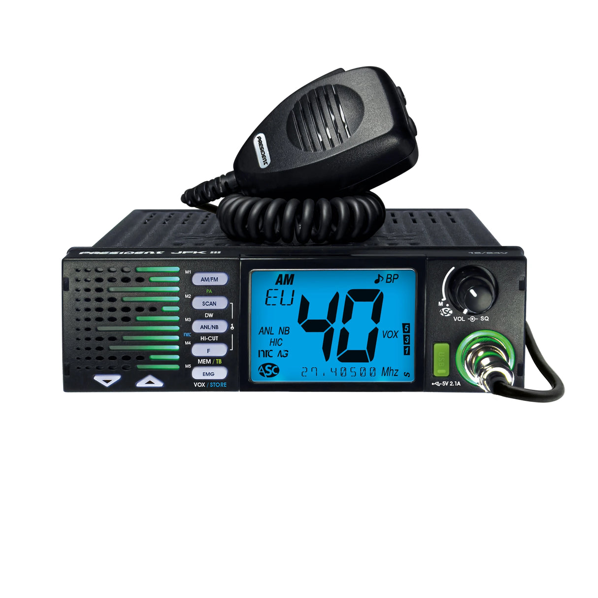 President JFK III mobiele 27MC bak, 4W met display ingesteld op licht blauwe verlichting