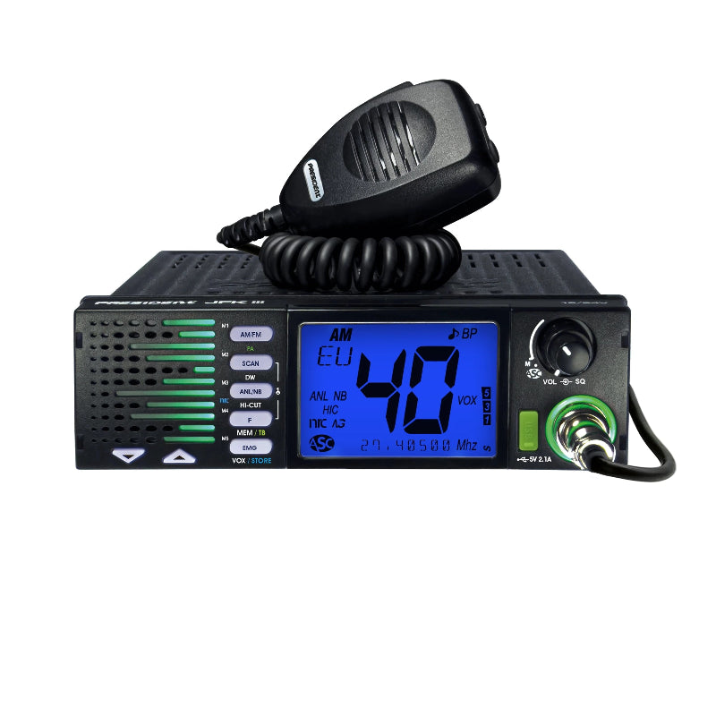 President JFK III mobiele 27MC bakkie met een zendvermogen van 4W en display ingesteld op blauwe verlichting