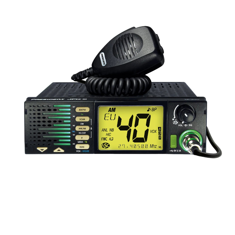 Voorzijde President JFK III 27MC bak met microfoon en gele display verlichting