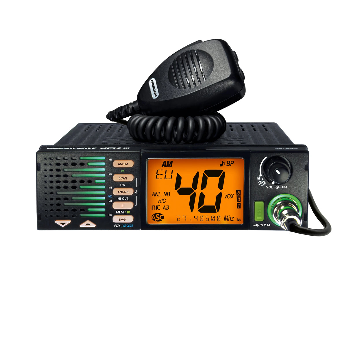 President JFK III mobiele 27MC transceiver 4W met display ingesteld op oranje verlichting