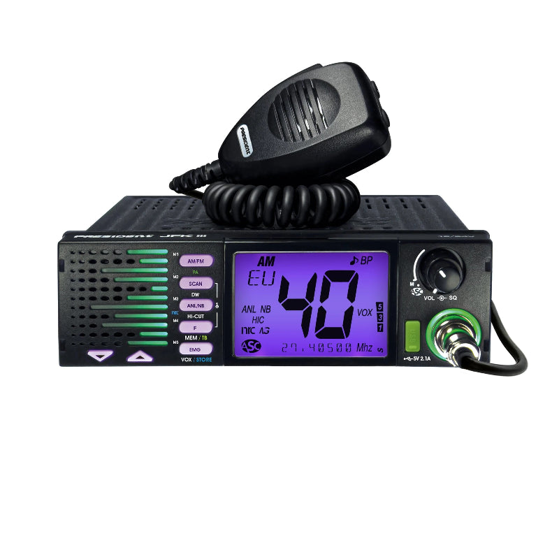 Voorzijde President JFK III 27MC bak met microfoon en paarse (magento) display verlichting