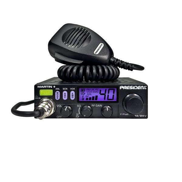President Martin Plus 27MC, 27MHz, CB radio met paarse display verlichting en DN520 handmicrofoon