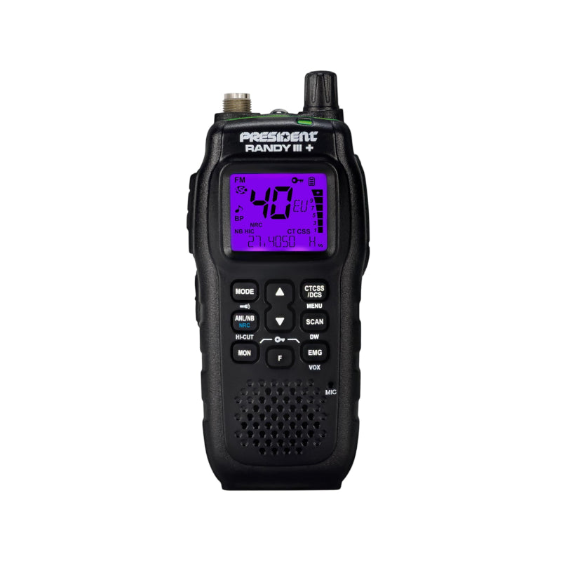 President Randy III+ met paars display met informatie zoals frequentie en kanaalnummer