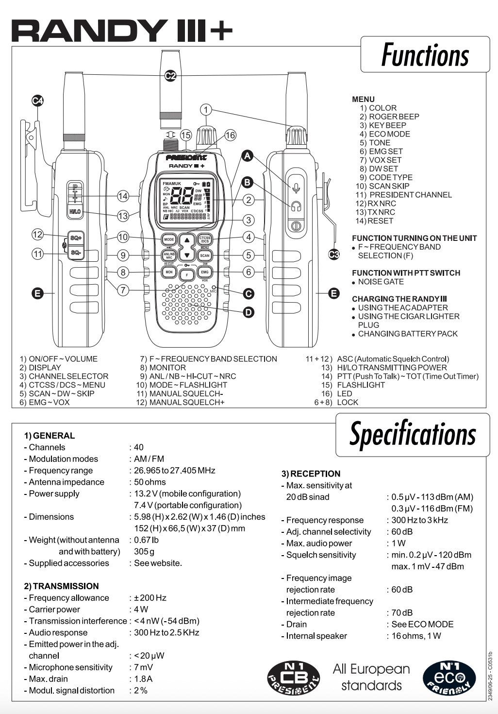 Datasheet President Randy-3 Plus 27MHz CB portofoon met tekst en uitleg van alle knoppen en functies