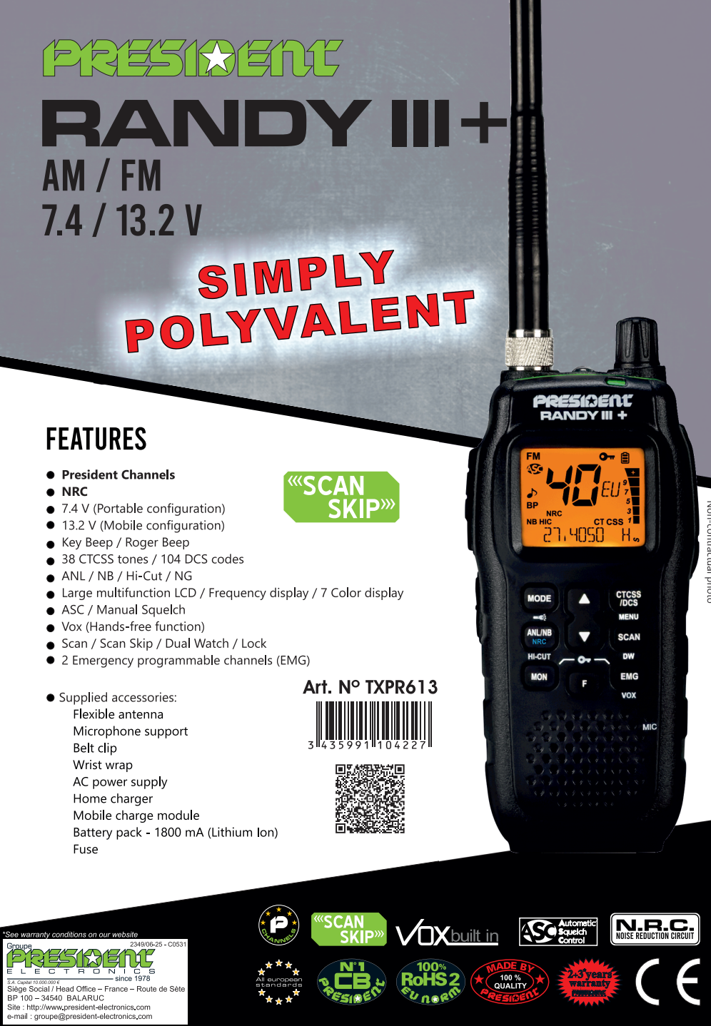 Flyer van de President Randy-3 Plus TXPR613 27MC portofoon met alle belangrijke kenmerken en functies