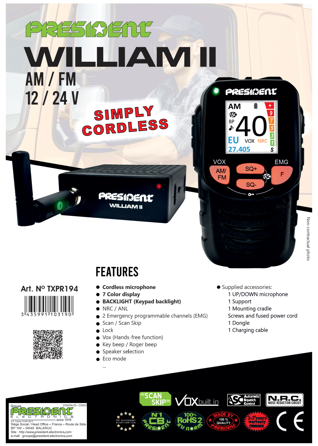 Datasheet President William-II AM/FM 12/24 volt 27MHz CB transceiver met draadloze microfoon
