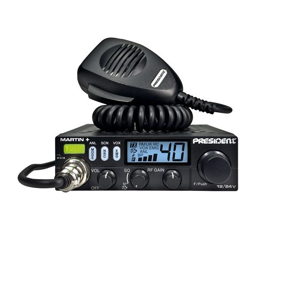 President Martin Plus 27MHz radio met blauwe display verlichting en handmicrofoon bovenop