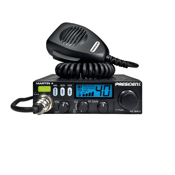 President Martin Plus 27MHz CB radio met lichtblauwe displayverlichting