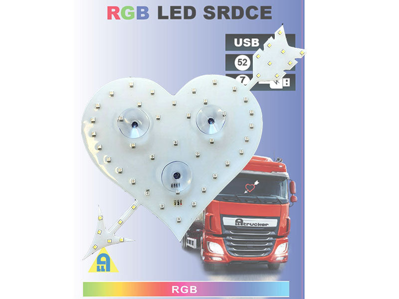 RGB LED hart met pijl werkt op USB via sigaretaansteker in vrachtwagen of bestelbus. Instelbaar met meegeleverde controller