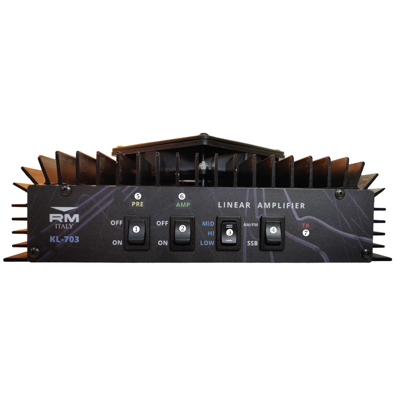 Voorzijde van de RM KL-703 lineaire versterker die een bereik van 25 tot 30 MHz en een maximaal vermogen van 500W heeft