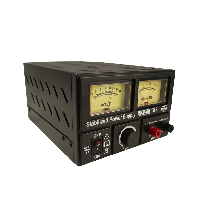 Voorkant van de RM LPS-120S lineaire voeding met twee analoge meters, bedieningsknoppen en aansluitingen