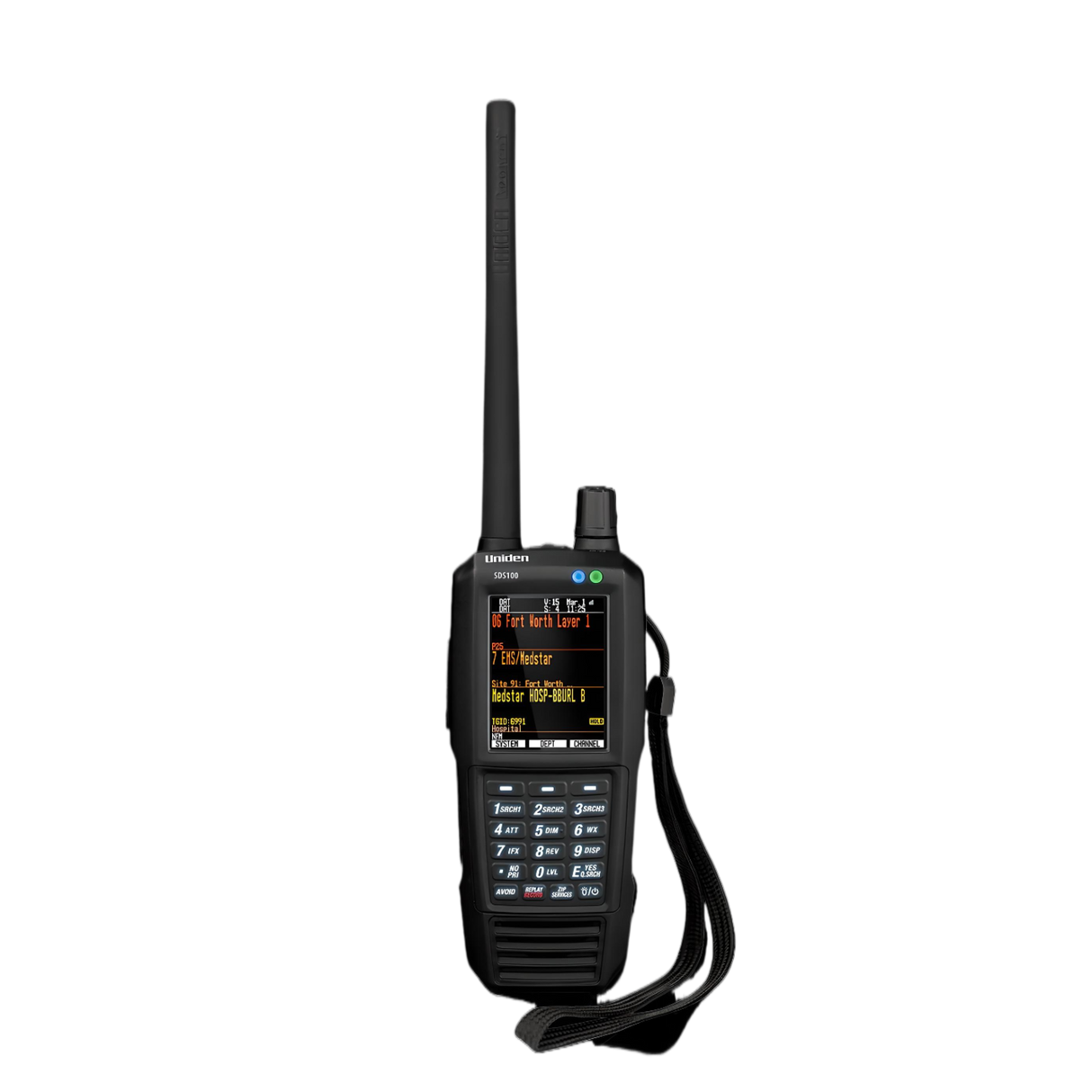 Uniden SDS100E portable scanner met antenne en een polsband